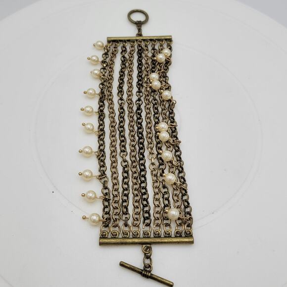 VTG Pinned Pearl Cuff Bracelet 8" Gold Tone White Beads Wide Toggle Closure - Picture 2 of 13